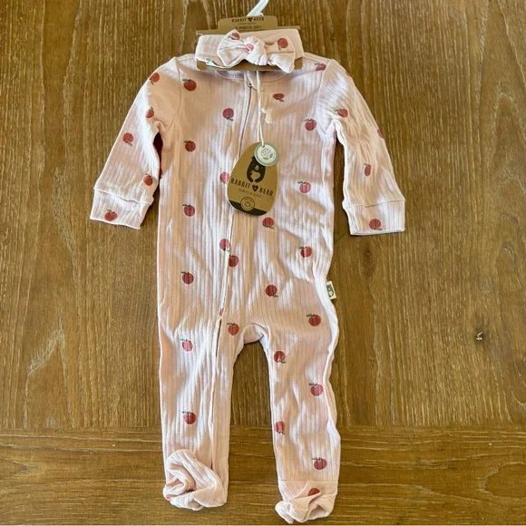 NWT Rabbit + Bear Organic infant sleeper & headband set 6-9mos - Picture 2 of 9